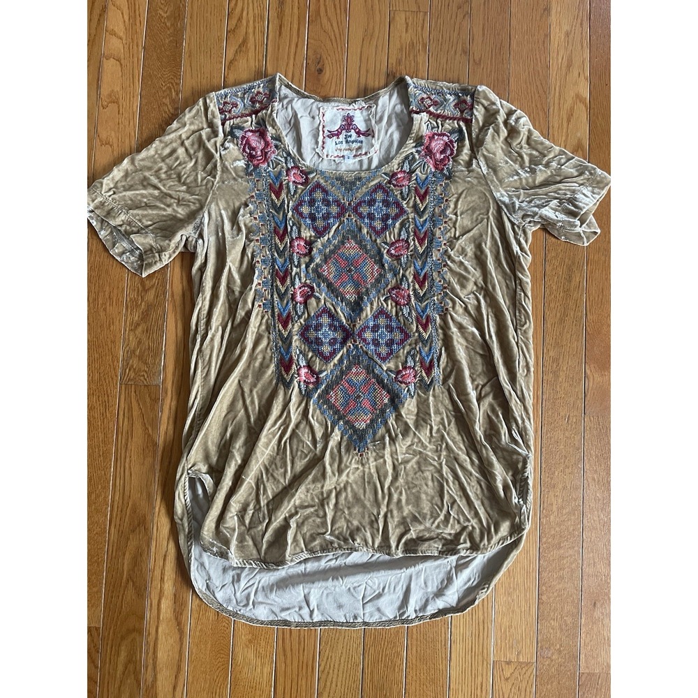 JOHNNY WAS USA Gold Velvet‎ Floral Embroidered V-Neck Tunic Top Boho Small